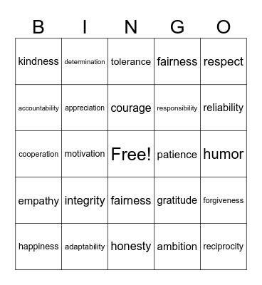 Values Bingo Card