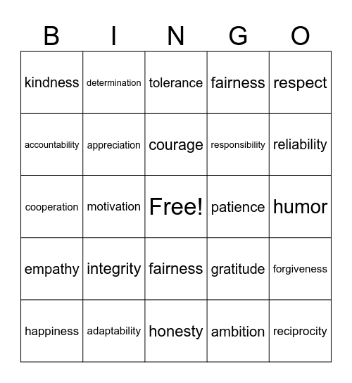 Values Bingo Card