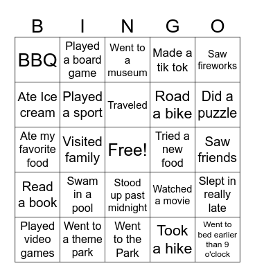 Summer Bingo Card