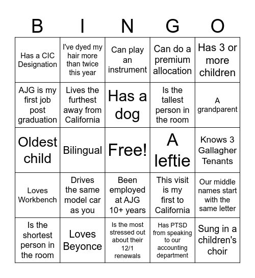 Real Estate & Hospitality Team Bingo Card