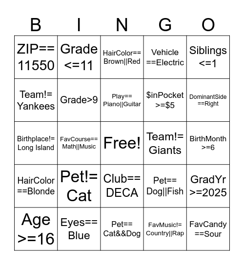 Boolean Bingo Card
