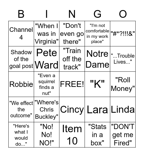 Bob's Broadcast Bingo Card