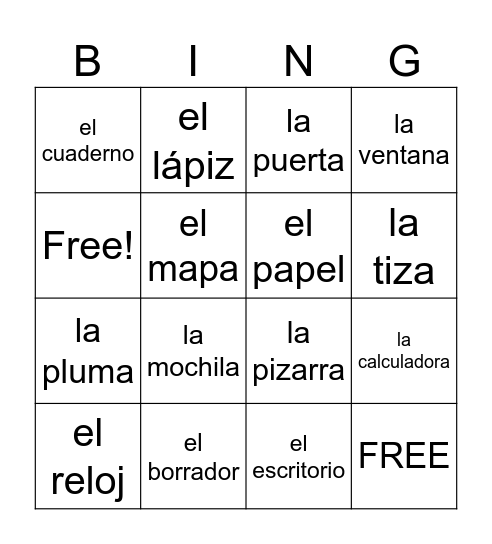 classroom objects Bingo Card