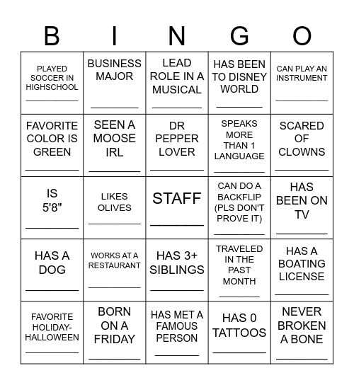 Neighbor BINGO Card