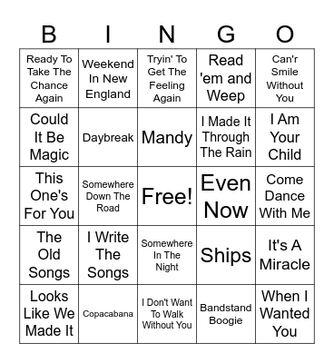 Barry Manilow Bingo Card