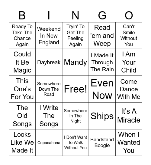 Barry Manilow Bingo Card