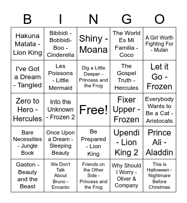 Disney Songs Bingo Card