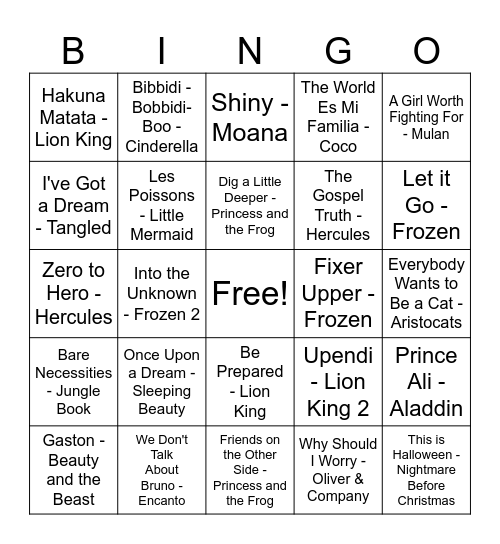 Disney Songs Bingo Card