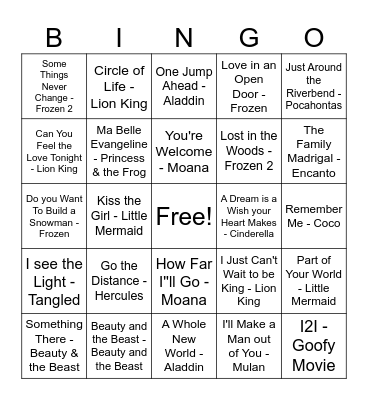 Disney Songs Bingo Card