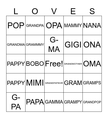 Grandparents Day Bingo Card