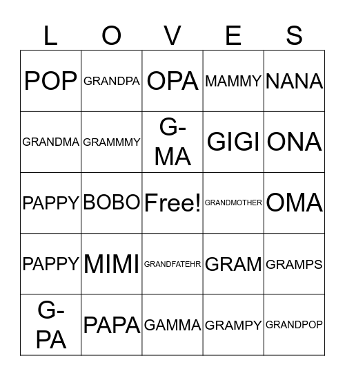 Grandparents Day Bingo Card