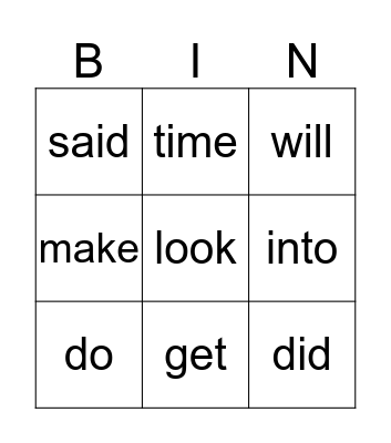 Sight Word Bingo Card
