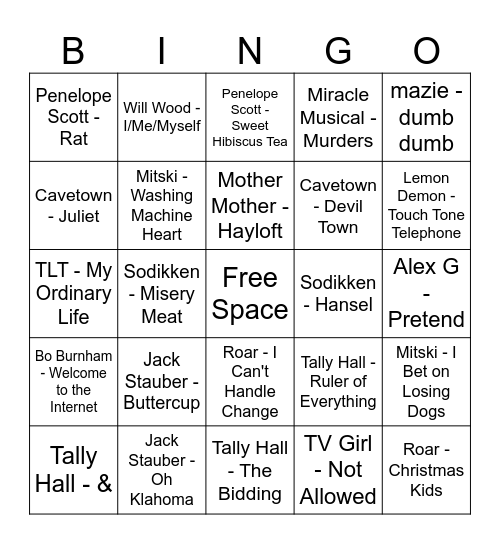 Stereotypical Spotify Character Playlist Songs Bingo Card