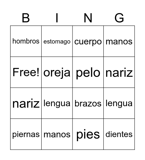 Las Partes Del Cuerpo Bingo Card