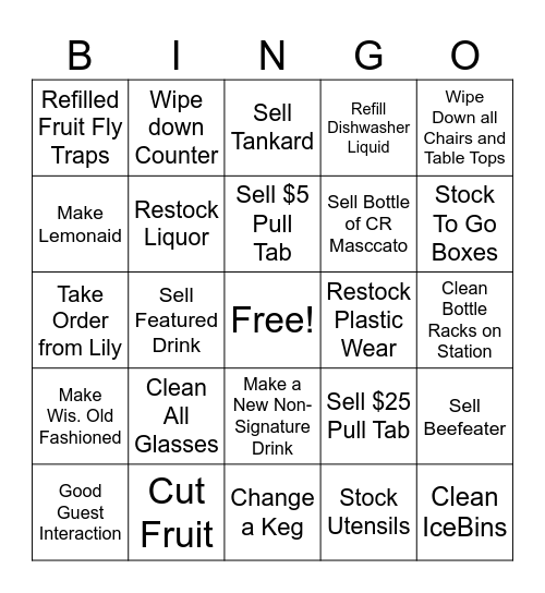 Bar Bingo Card