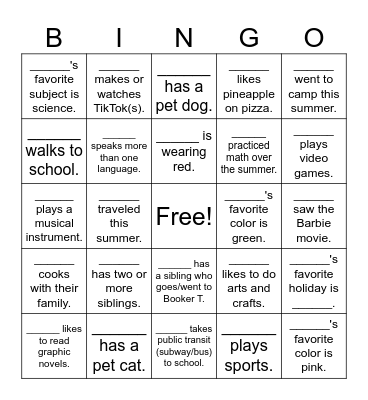 First Day of School! Bingo Card