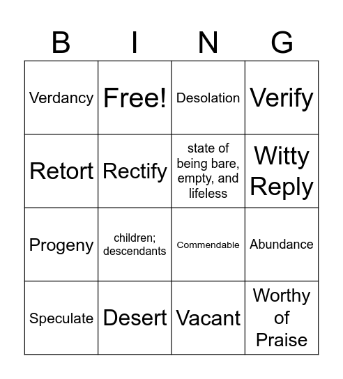 Vocab Bingo Card