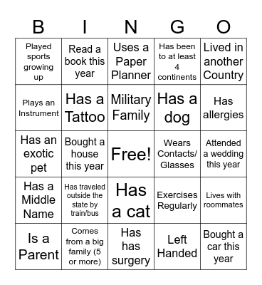 Get to know me Bingo Card