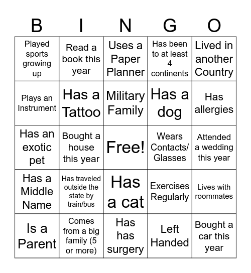 Get to know me Bingo Card