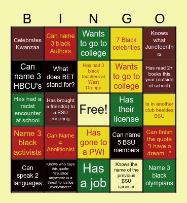 West Orange BSU Bingo Card