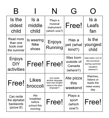 Classroom Bingo Card