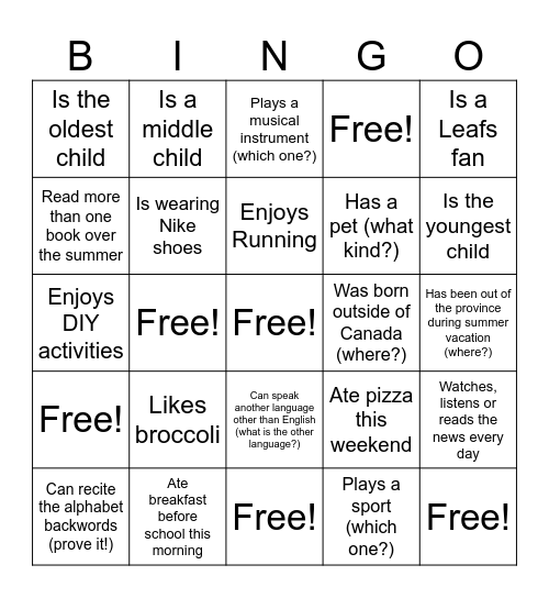 Classroom Bingo Card