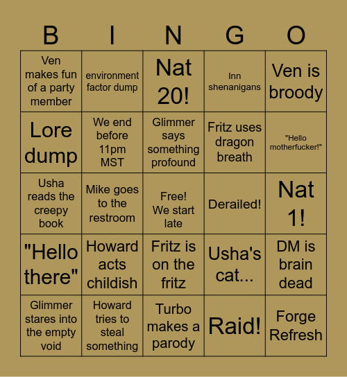Ryleth Bingo Card