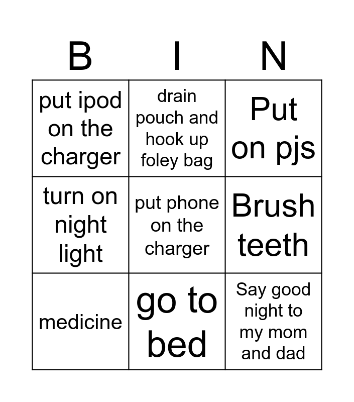 Night Time Routine Bingo Card