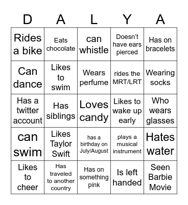 Dahliay know you Bingo Card