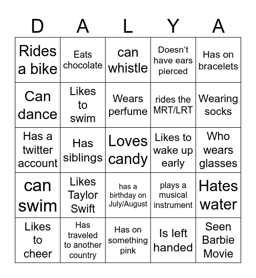 Dahliay know you Bingo Card