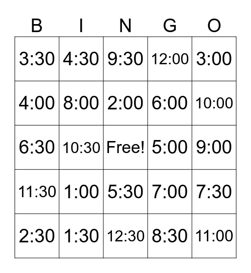 Telling Time Bingo Card