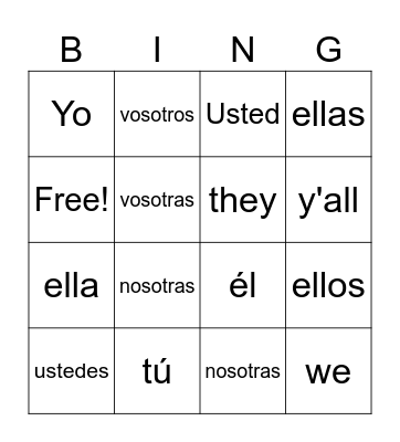 Spanish Subject Pronouns Bingo Card