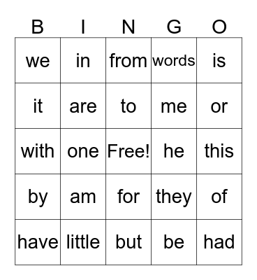 Sight Words Bingo Card