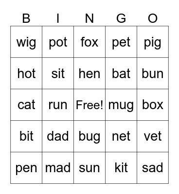 Sounds a,e,i,o,u Bingo Card