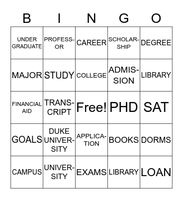 College Bingo Card