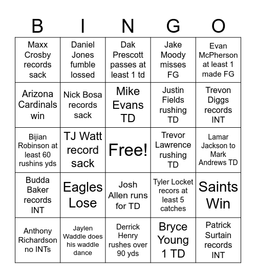 NFL Week 1 Sunday Bingo Card