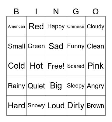 Adjectives Bingo Card