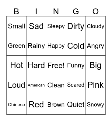 Adjectives Bingo Card