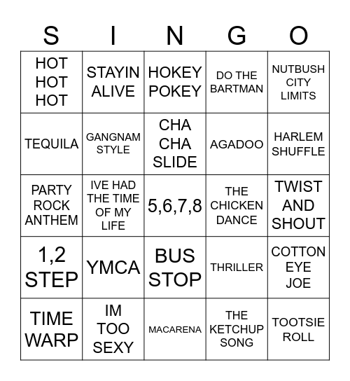 849 FUN SONGS TO SING & DANCE TO Bingo Card