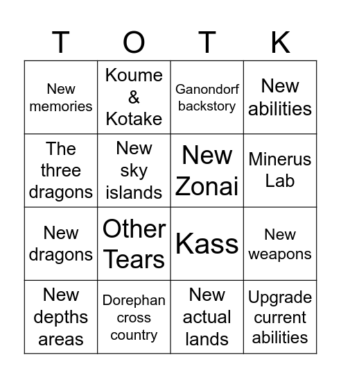 Zelda DLC Bingo Card