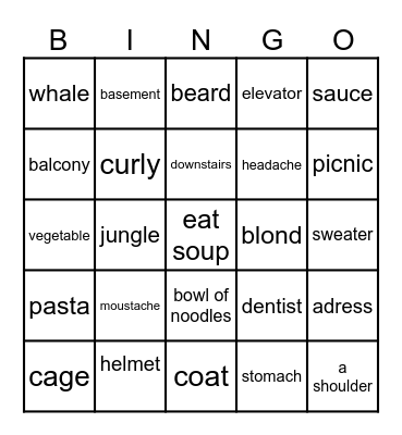 MOVERS VOCABULARY Bingo Card