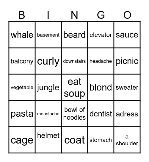 MOVERS VOCABULARY Bingo Card