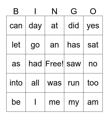 Sight Words Bingo Card