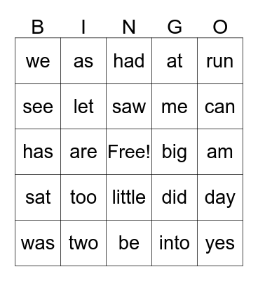 Sight Words Bingo Card