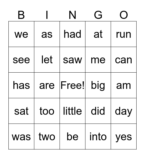 Sight Words Bingo Card