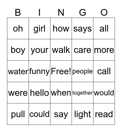 Sight Words Bingo Card