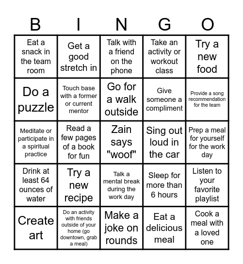 Wellness Bingo Card