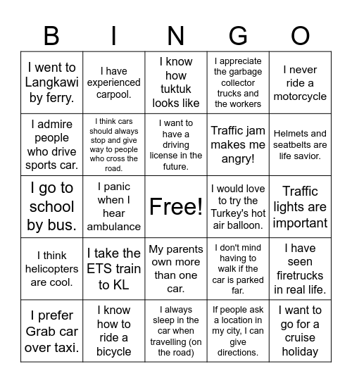 Transport Bingo Card