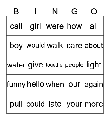 Sight Word Bingo Card
