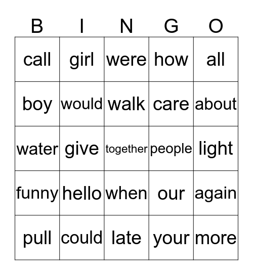 Sight Word Bingo Card